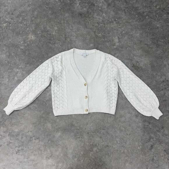 Calligraphie Womens Medium White Cotton Blend Button Up Cardigan Sweater Cropped - Picture 3 of 9